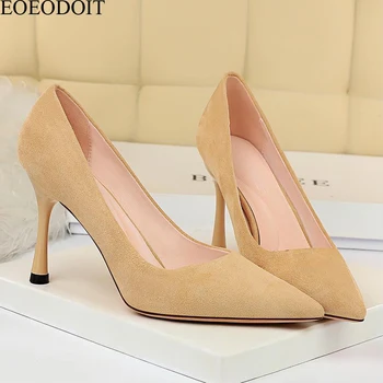 

EOEODOIT Party Club Shoes 8 cm Stiletto Heels Pointed Toe Slip On Flock Pumps Women Fashion Sexy High Heels Four Seasons Match