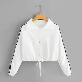 

Women Polo Collar Long-Sleeves Buttons Coat Ladies Striped Sports Jacket