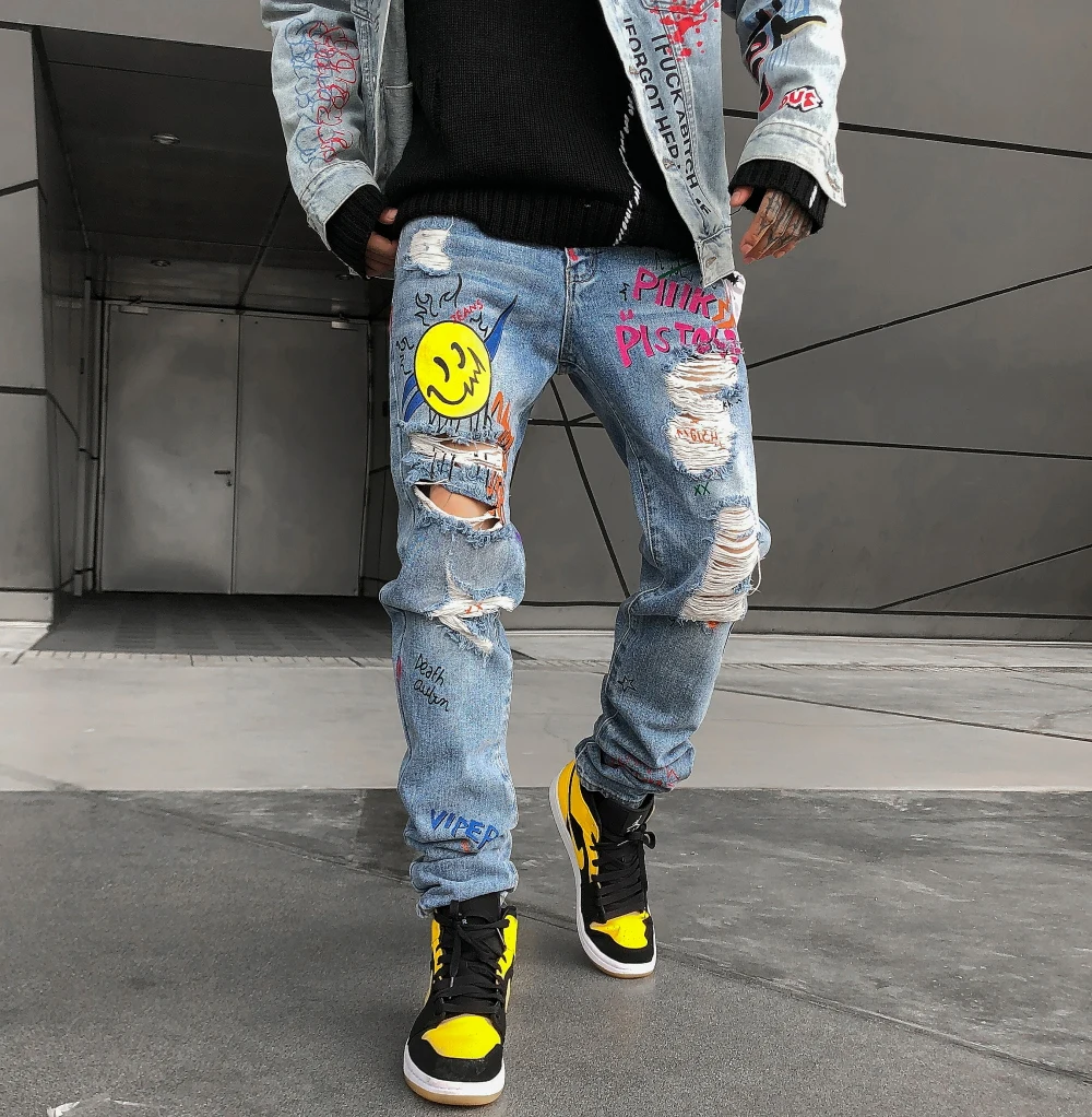Smeiling Mens Casual Denim Pants Straight Ripped Hole Jeans Pants