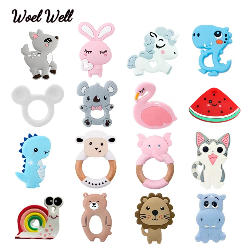 5pcs food grade silicone baby teether teething toy pendant bear rabbit cat dinosaur beads DIY hippo lion chew