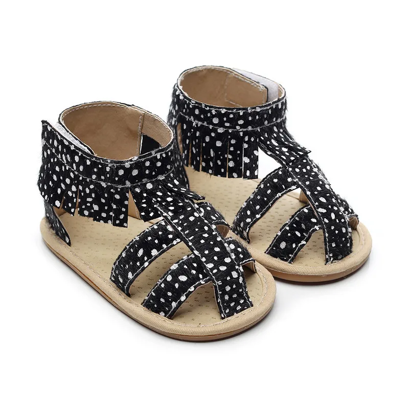 Новые стильные детские туфли из искусственной кожи, летние стильные ботинки-гладиаторы в римском стиле, обувь для малышей с леопардовым принтом и кисточками - Цвет: black