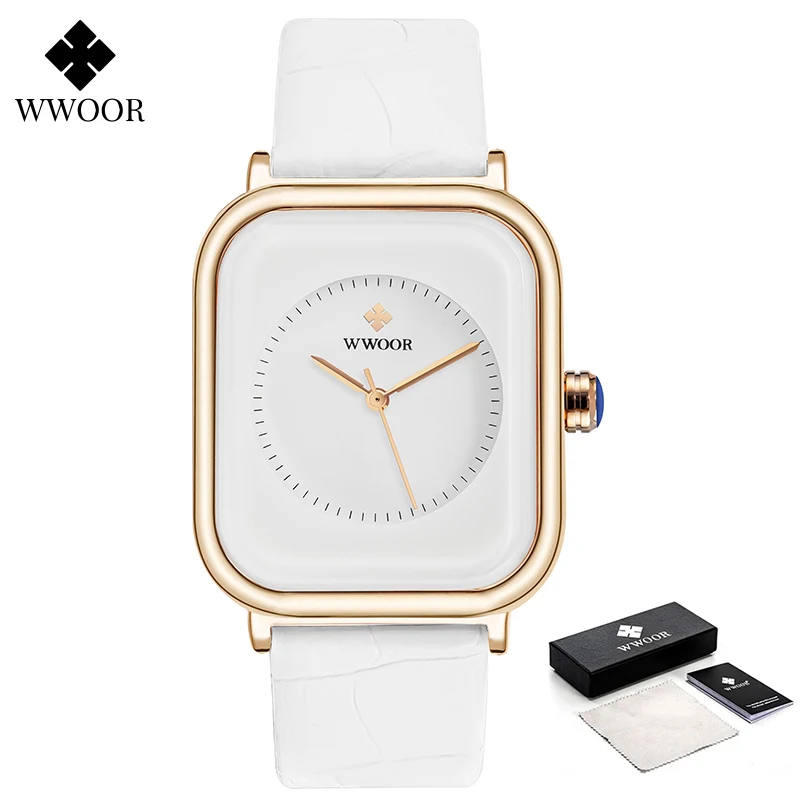 Fashion Women Watches 2021 WWOOR White Leather Minimalist Rectangle Ladies Quartz Dress Wristwatch Relogio Feminino Montre Femme