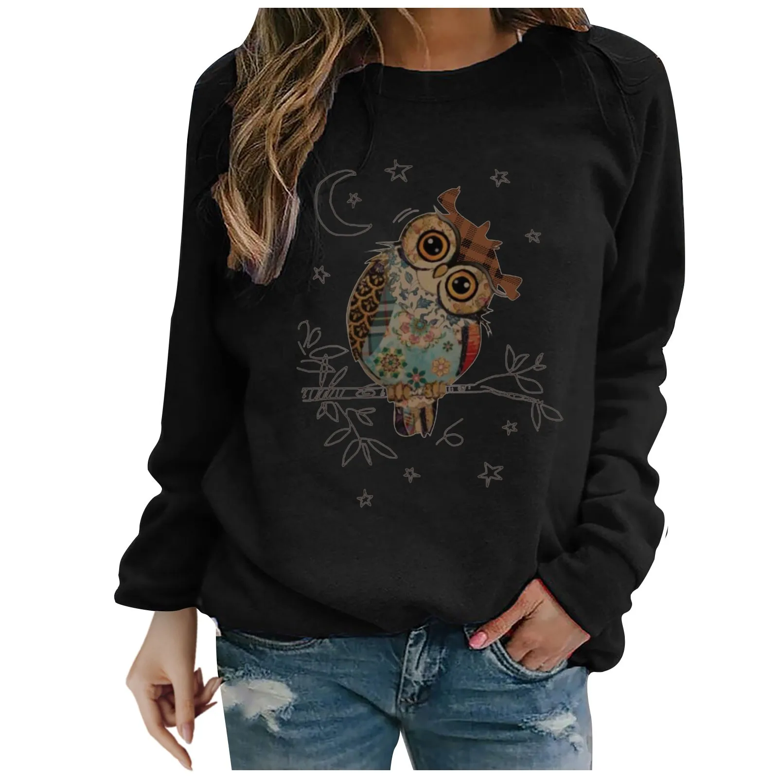Owl Bird Printed Hoodies Long Sleeve Plus Size Top Women's Casual O-Neck Solid Color Pullover Sweatshirts Female Clothing Ropa | Женская