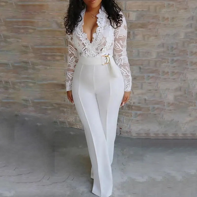 Spring Summer Women Work Wear One Piece Deep V Neck Office Lady White Lace Bodice Plunge Long Sleeve Jumpsuit With Belt
