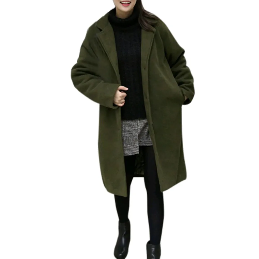 Army green Кашемировое шерстяное Женское пальто, зимнее, модное, винтажное, теплое, одноцветное, с отворотом, длинное, шерстяное пальто, манто Femme Abrigos Mujer Plaszcze Damskie - Color: Army green
