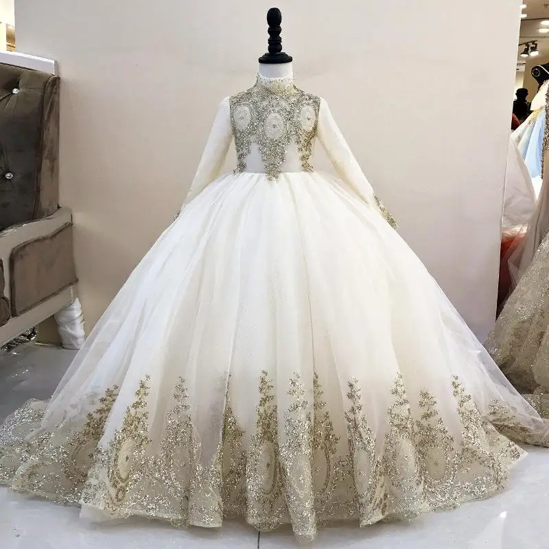 

Vintage Gold Lace Appliqued Pageant Dresses Ball Gown Flower Girl Dress with Sweep Train Kid Communion Gown Long Sleeves