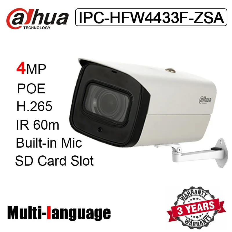Original IPC-HFW4433F-ZSA 4MP Bullet IP Camera IR 60m Built-in Mic SD Card Slot Network Camera with Bracket DS-1292ZJ AP
