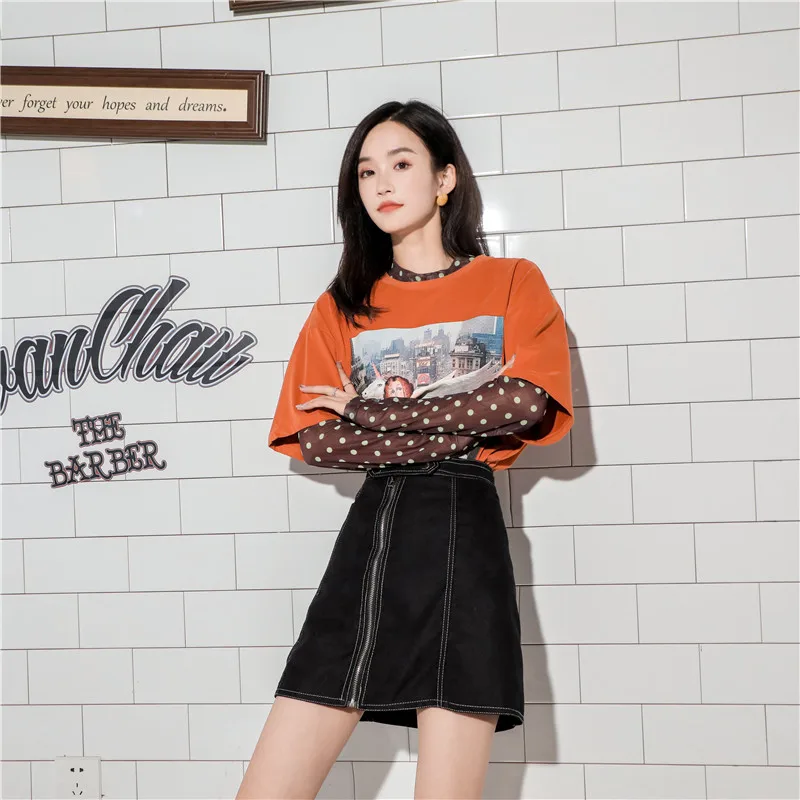 CHEERART Fake 2 Piece Graphic T Shirts Mesh Long Sleeve Top Women Tshirt Loose Fashion T Shirt Orange Tee Shirt Femme Clothing