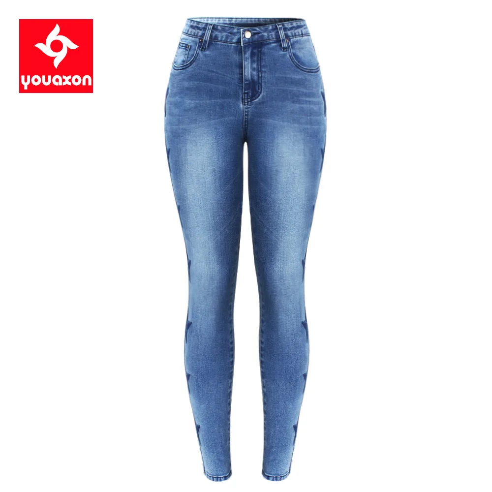 2142 Youaxon New Arrived Stars Embroidered Jeans For Women Stretchy Five Pockets Embroidery Denim Skinny Pants Trousers