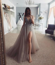 Sexy Evening Gowns Long V-Neck High Slit Tulle Beaded Handmade vestidos de gala Crystal Formal Party Gown Gray Prom Dresses