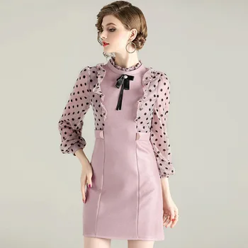 

Spring Dress Women 2020 New Fashion Ruffles Printed Patchwork Round neck Three Quarter Sleeve Slim Dress Above The Knees