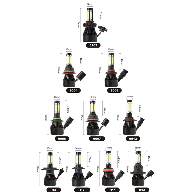 Car Headlight with 4-side LED Chips H4 H7 H1 H8 H9 H11 9005 HB3 9006 HB4 9004 9007 H13 5202 Car LED Head Light Lamp 12000LM Bulb