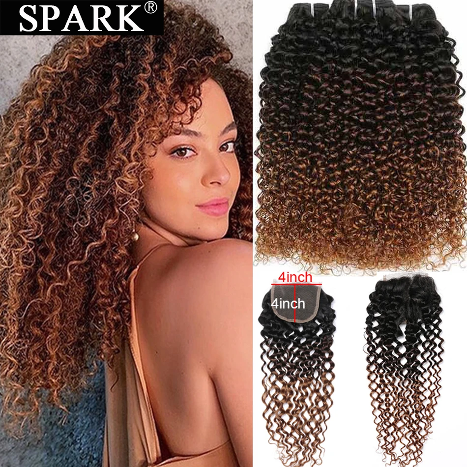 Human-Hair-Bundles Lace Closure Frontal Spark Kinky Curly Peruvian Afro Ombre with Remy