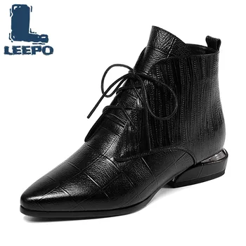 

Woman Ankle Boots Cow Leather Autumn Winter Short Plush Black Pointed Toe Lace-up Low Heels Female Luxury Boots Party Shoe