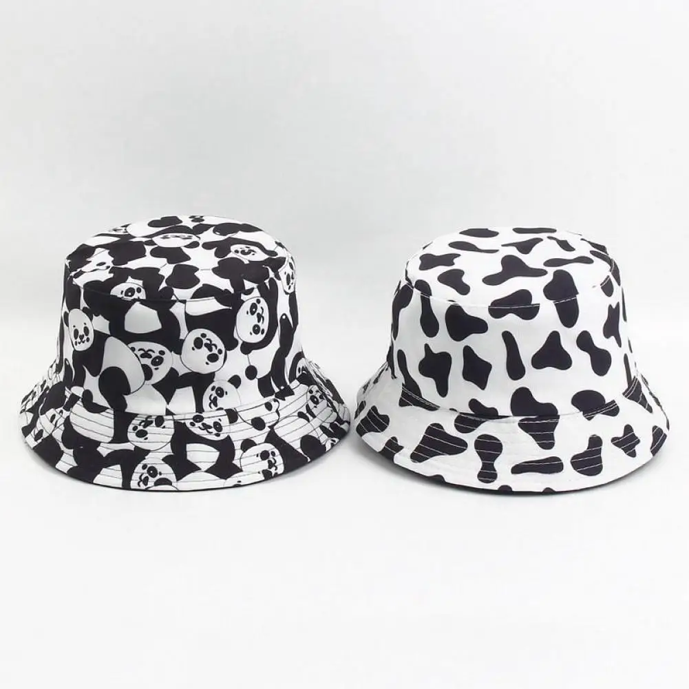 New Fashion Women Cute Cow Panda Print Outdoor Double Sided Reversible White Black Bucket Cap Sun Hat For Women Gorras 3 Styles