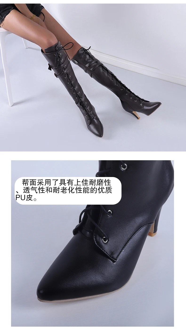 Oversized Pointed Toe Cross Lace-Up Boots Sexy Cat Heel Double Belt Buckle Motorcycle Boots Street Trend Female Knee-Length Boot