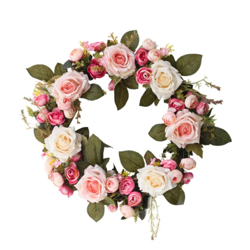 

Flower Wreath Advent Fake Floral Rattan Garland Adjustable With Green Leaves For Front Door, Window, Wall, Wedding, Home Decor