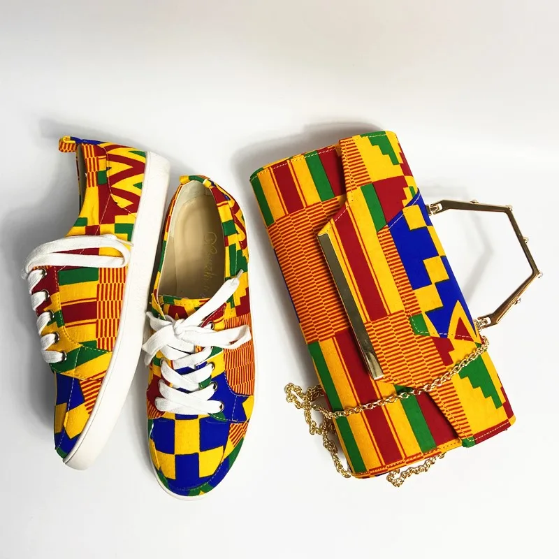 African Kente Wax Fabric Shoes with women bag Pretty cotton bags and soft shoes matching set 36-45 hot selling A910-2