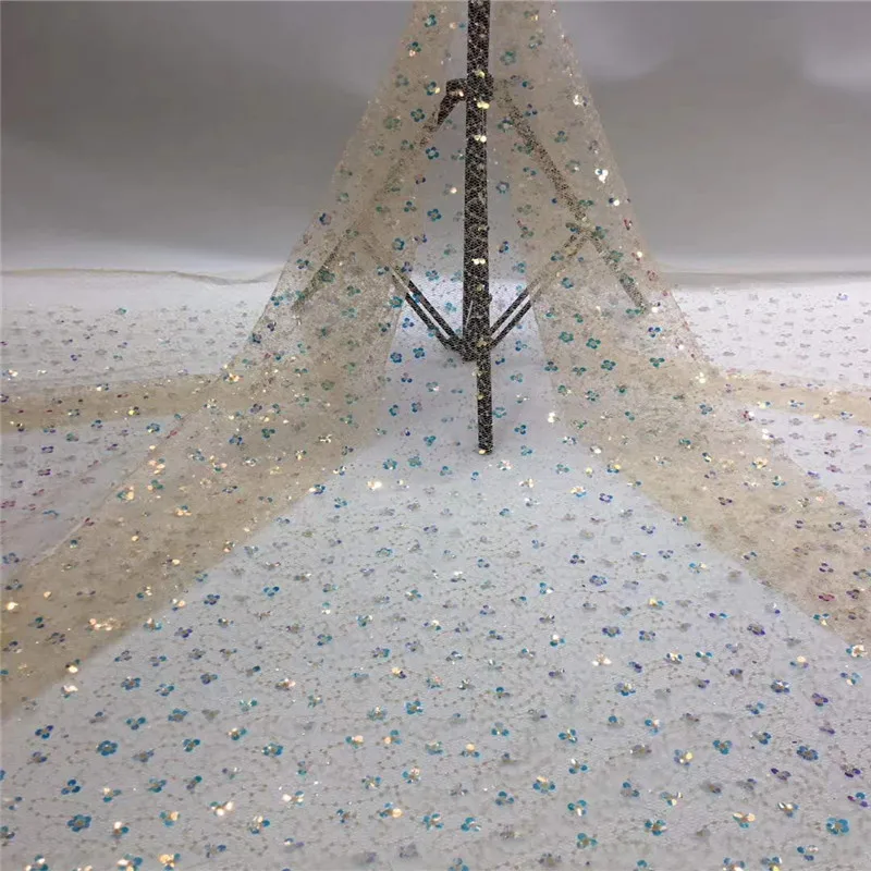 

French Net Lace Fabric 2020 Multicolor sequins african guipure lace fabric with embroidery mesh tulle cord yellow lace fabric
