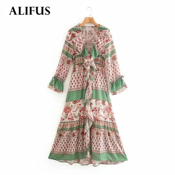 

Fashion Za Women 2020 Alifus Vintage Chiffon Dress Long Sleeve V-Neck Cascading Ruffle Dresses Female Elegant stylish Vestidos
