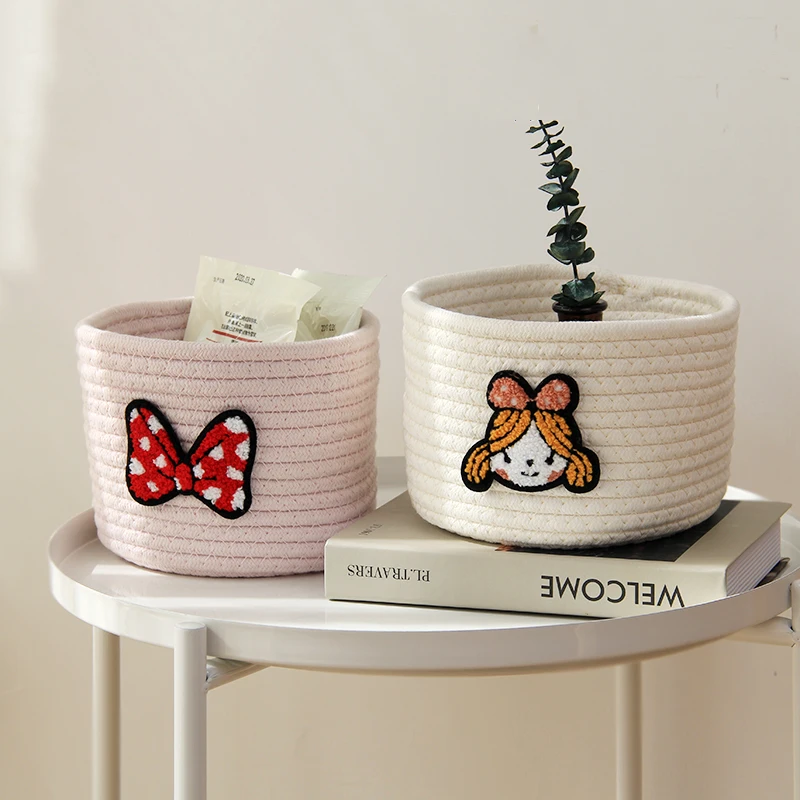 

Хлопковая нить, экологически чистый мультяшный Настольный ящик для хранения, корзина для хранения ключей, косметики, закусок, прикроватное хранение, домашний декор CL102901