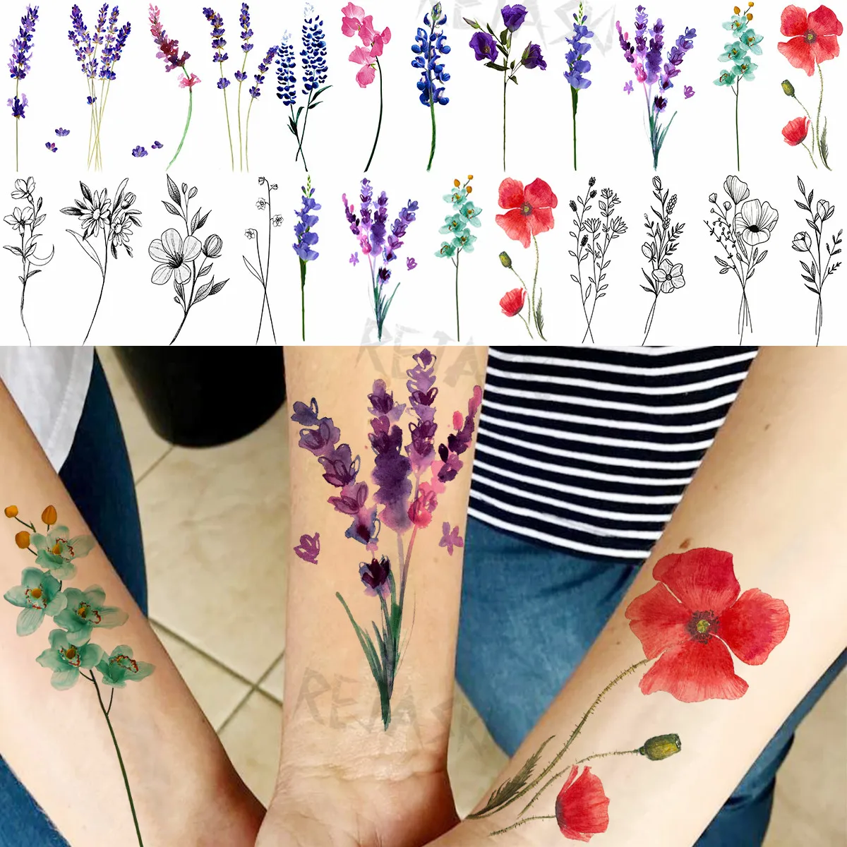 

3D Watercolor Lavender Fashion Wrist Temporary Tattoos For Women Adult Lily Hyacinth Fake Tattoo Body Art Decoration Tatoo Paper