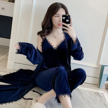

Women 3pcs V-neck Pajamas Suit Darkblue Nightwear Long Sleeve Velour Sleepwear Home Clothing Autumn Winter Homewear Night Wear