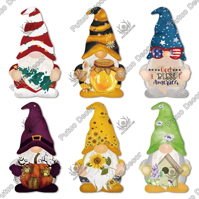 Putuo Decor Christmas Wood Sign Gnome Shaped Wooden Plaque Lovely Hanging Signs Home Living Room Wall Xmas Tree Decoration Gift 4