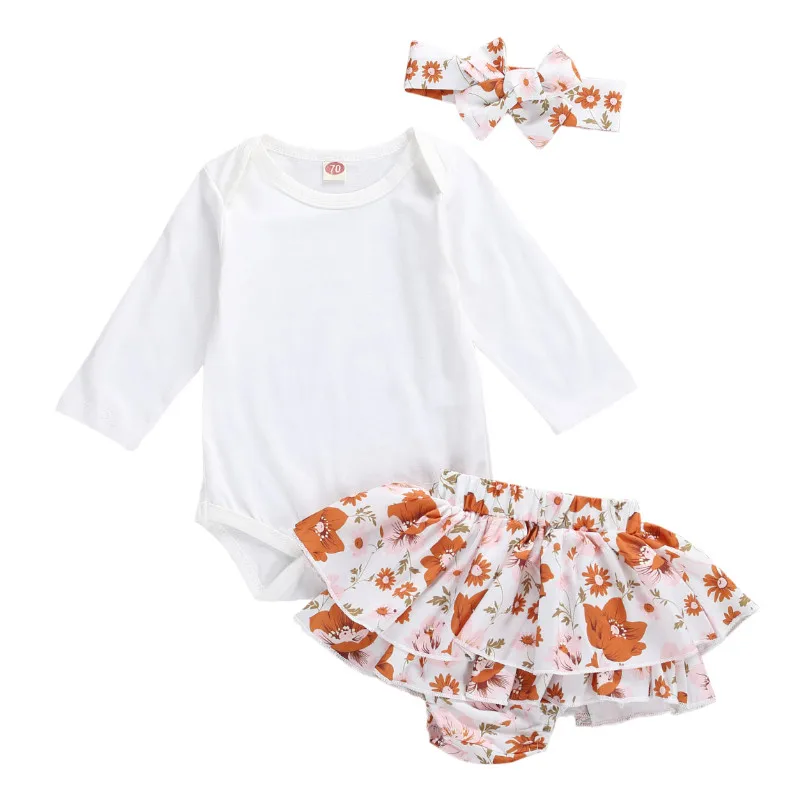 

3Pcs Baby Girls Fall Outfits, Long Sleeve Solid Color Bodysuits+ Floral Bloomers + Headband Set Spring Autumn