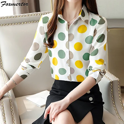 Blusas Mujer, шифоновая женская блузка с длинным рукавом, модная рубашка в горошек, женские блузки, блузы, женские блузки, женские топы OL - Цвет: Белый