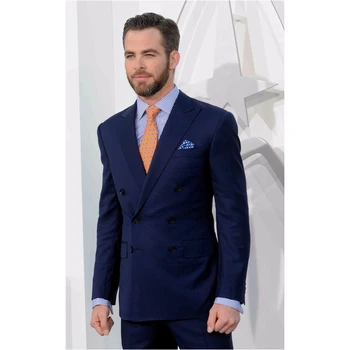 

Navy Blue Double Breasted Men Suits Formal Business Suit Slim Fit Skinny 2 Piece Groom Prom Blazers Masculino (Jacket+Pants)