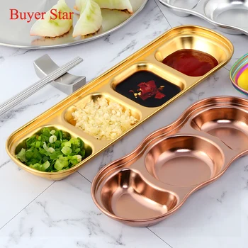

Korean Style Stainless Steel 3/4 Grids Seasoning Dish Assorted Salad Sauce Dipping Dish Tray Bowl Snack Plates Kitchen Tableware