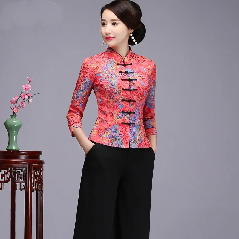 Китайский Топ Cheongsam, костюм Tang, топ с рукавом 3/4, Цветочная рубашка Cheongsam Qipao, топ из искусственного шелка, китайская блуза для женщин TA2184