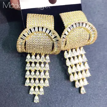 

ModemAngel Luxury Geometric Tassels Cubic Zirconia Statement Big Hoop Earrings For Women Wedding DUBAI Bridal Round Earrings