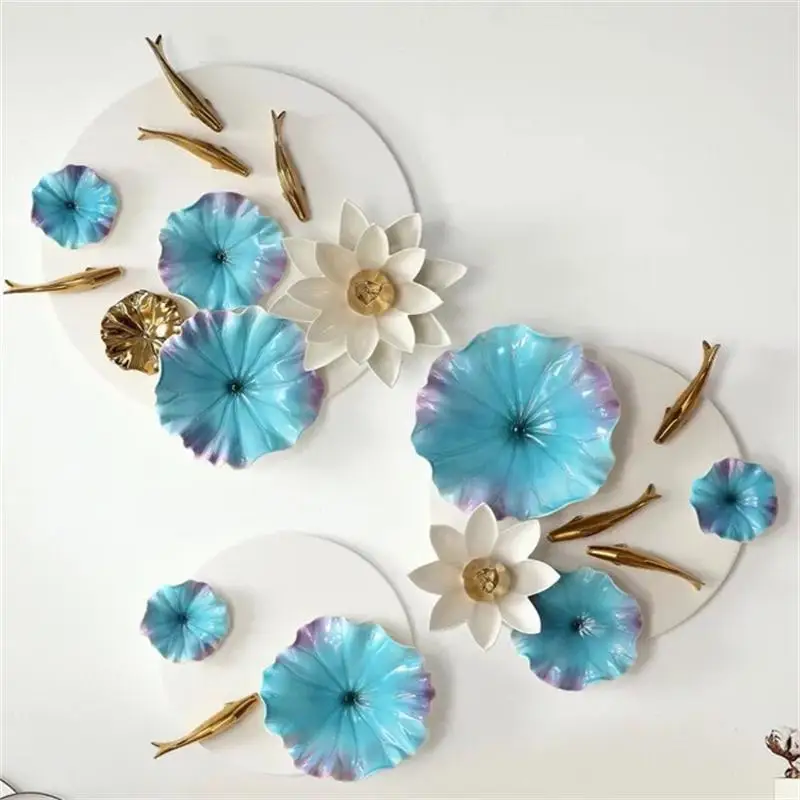 

Chinese Colour Lotus Leaf Fish Home Round Plate Set Wall Hanging Ins Background Decoration Jewelry