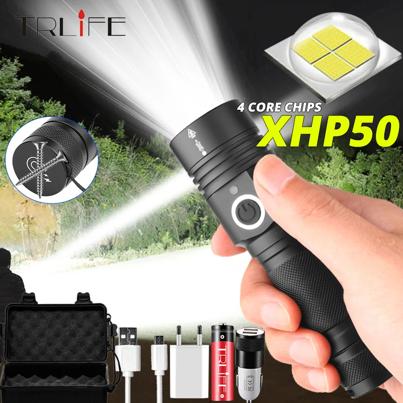 

Ultra Powerful LED Flashlight XHP50 Tactical Torch USB Rechargeable Linterna Waterproof Lamp Brightest Lantern use 18650 Battery