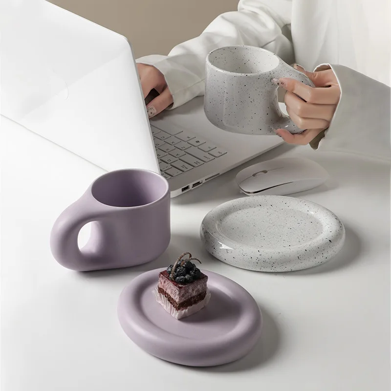 300ml Nordic Ceramic Speckled Bold Mug Plate set Coffee Milk Tea Cup Dinnerware Western Dish Dessert Plate Cake Rustic Dishware 5