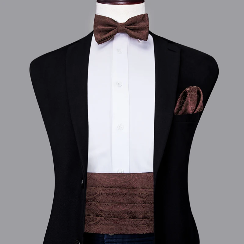 

YF-2020 Mens Brown Cummerbunds Bow Ties Pocket Squares Cufflinks Set Men's Adjustable Pleated Tuxedo Cummerbunds Elastic Belt
