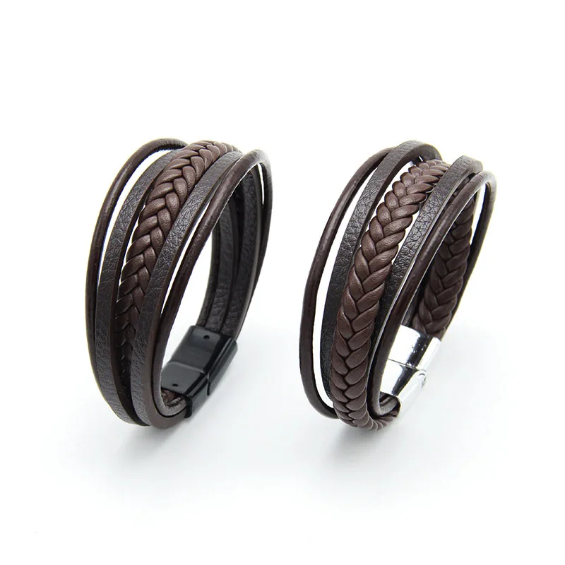 Men Multilayer Leather Bracelet Magnetic-clasp Cowhide Braided Multi Layer Wrap Bangles,bracelet jewelry