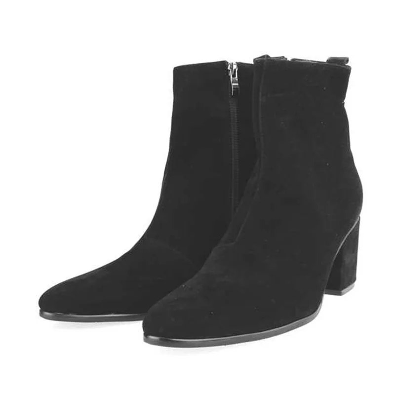 Fashion Men Ankle Boots Soft Leather Men Pointed Toe High Heels Waterproof Zipper Shoes Suede Comfortable Chelsea Boots
