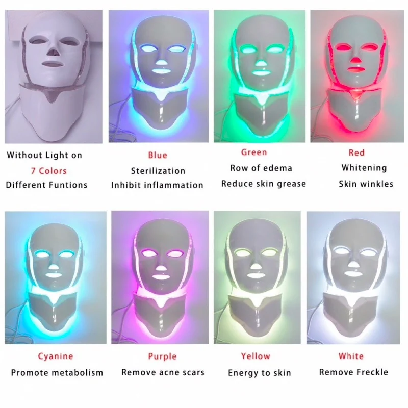 2 типа, 7 цветов, фотон, светодиодный, маска для лица и шеи, для омоложения кожи, акне, ПОР, омолаживающий, косметический светильник, терапия, светильник для домашнего использования