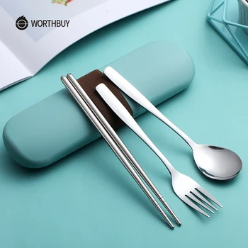 

WORTHBUY Portable Dinner Set Stainless Steel Tableware Chopsticks Fork Spoon Dinnerware Set For Kids School Travel Cutlery