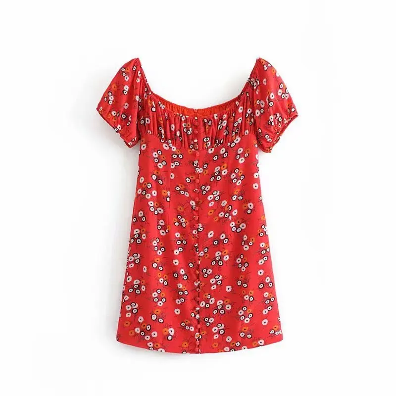 

Europe And America Retro French Style Red Small Floral Vacation Style Sexy off-the-Shoulder Puff Sleeve Dress Beach Skirt