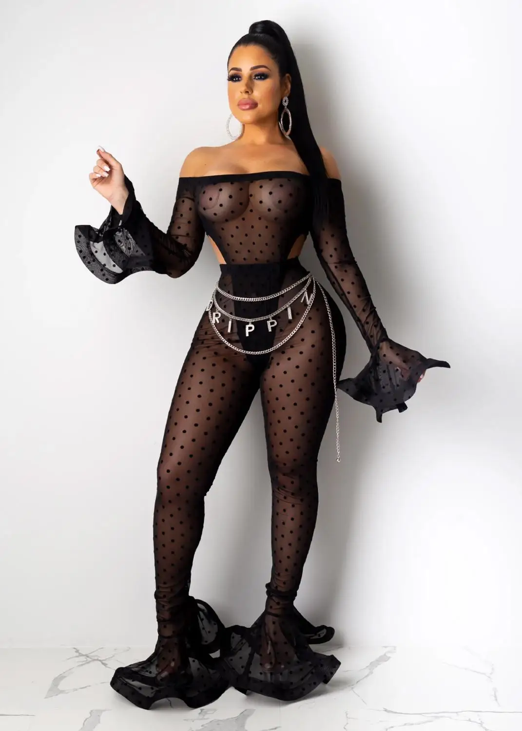 

Echoine Sheer Mesh Sexy Jumpsuit 2 Pcs Set Bodysuit Flare Pants Club Outfits Off shoulder Slash Neck Transparent Women Playsuit