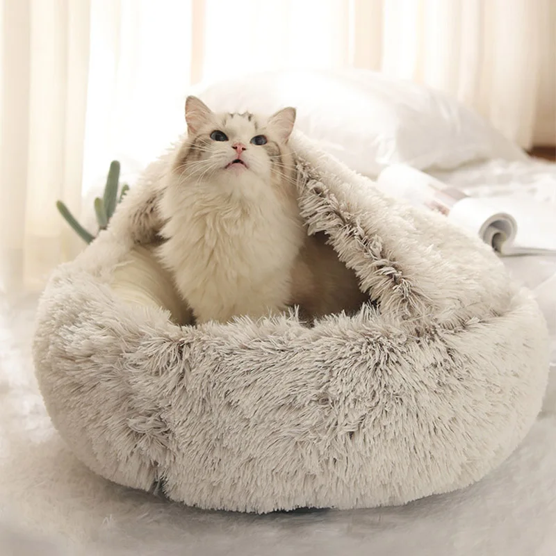 Pet Dog Cat Bed Round Plush Kitten Warm Sleeping Nest Bed Cat Igloo Cave  House