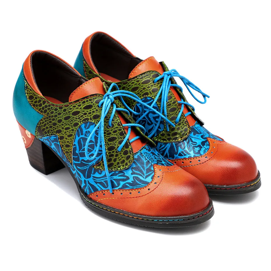 Vintage Handmade Print Stitching Women Pumps Oxfords Shoes Ethnic Style Genuine Leather Chunky High Heels Women‘s’ Shoes Brogues (9)