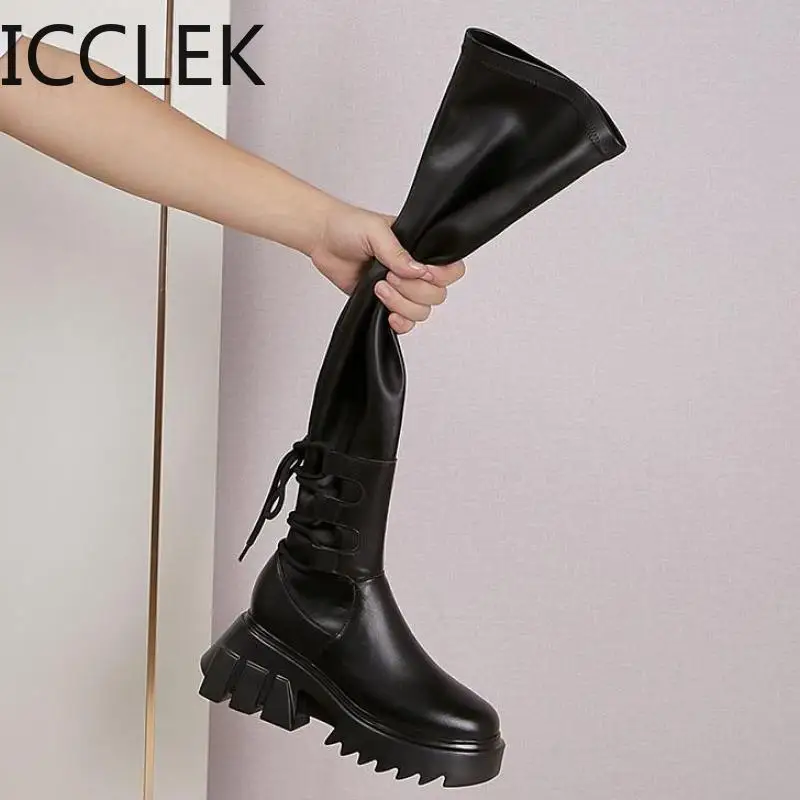 Botas altas hasta el muslo de cuero sexys para mujer, botas por encima de la rodilla de tacón alto para mujer, zapatos largos de fiesta con punta redonda y atadas
