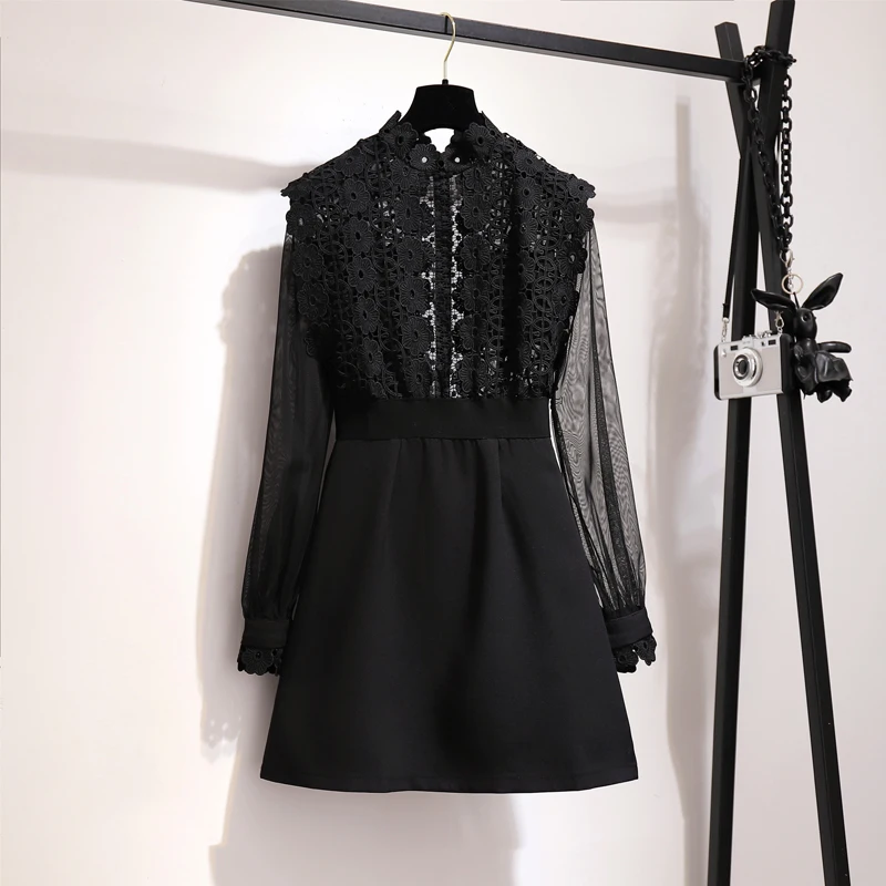 2019-Spring-Autumn-Hollow-Out-Lace-Sexy-Mesh-Design-Black-Slim-Party-Dress-Female-Dresses-A041