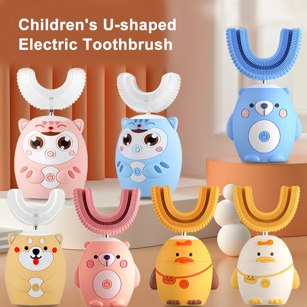U字型の子供用電動歯ブラシ,360度,シリコン,自動超音波歯,漫画デザイン 