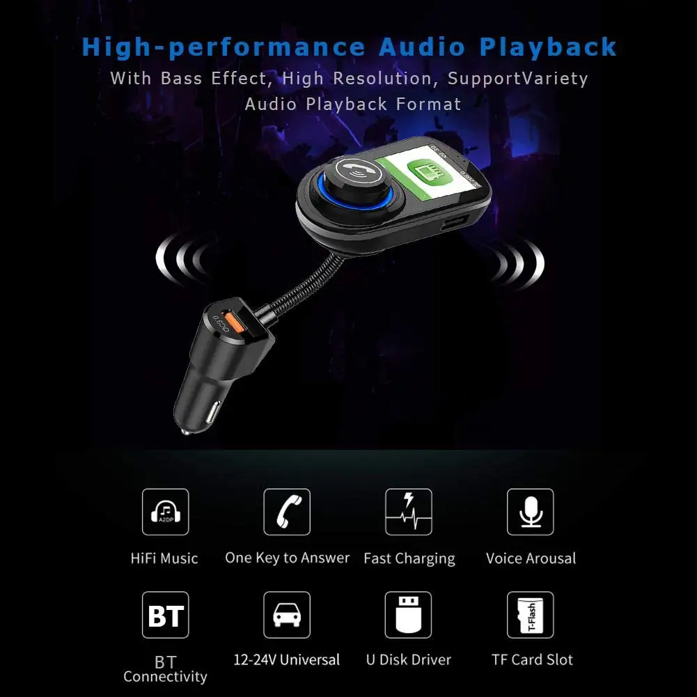 3.0 FM Transmitter Car Cigarette Lighter Fast Charger Touch Control Bluetooth Charger Hifi Music Player Handsfree Call Device
